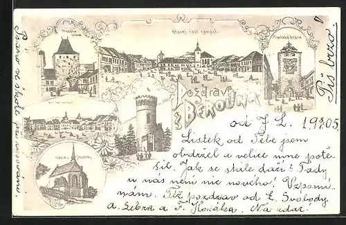 Lithographie Beraun / Beroun, Prazska Brana, Horni cast namesti, Kaple u Studanky