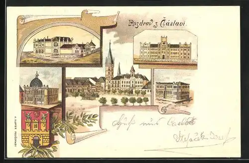 Lithographie Tschaslau / Caslav, Gebäudeansicht, Kirche, Wappen