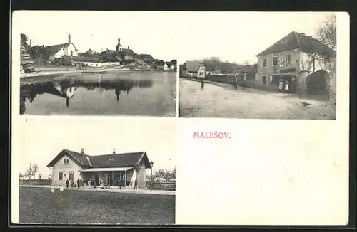 AK Malesov, Uferpartie, Gasthaus, Gebäudeansicht