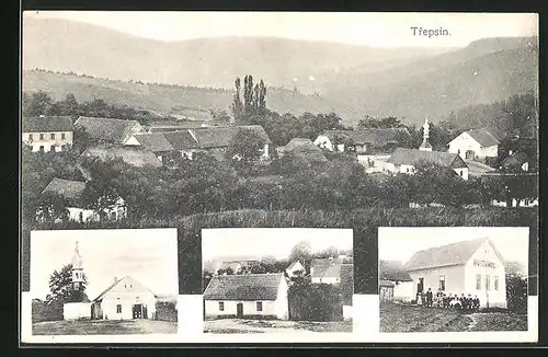 AK Trepsin, Kirche, Gasthaus, Ortspartie