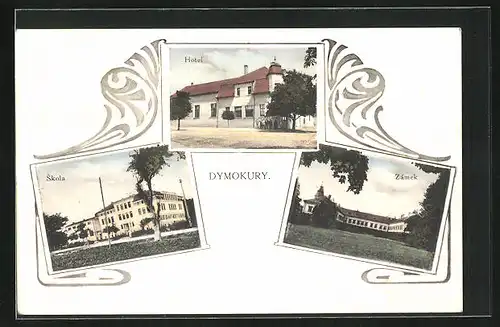 AK Dymokury, Ansicht vom Hotel, Skola, Zámek