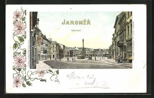 Lithographie Josefstadt / Josefov / Jaromer, Fahrradhandel am Markt, Namesti