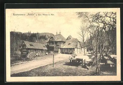 AK Nové Mesto nad Metuji, Restaurace /Restaurant Peklo, Ansicht bei Sonnenschein