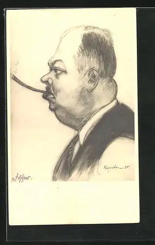 AK Karikatur eines beleibten Mannes mit Zigarette