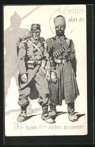 Künstler-AK Berlin, Deutscher Soldat mit Gefangenen, Propaganda 1. Weltkrieg