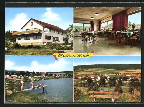 AK Kothen /Rhön, Gasthaus-Pension Rhönperle, Innenansicht, Badesee mit Besuchern