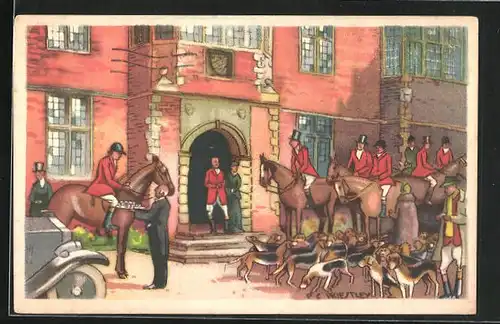 AK Jäger zu Pferde mit Jagdhunden und Butler
