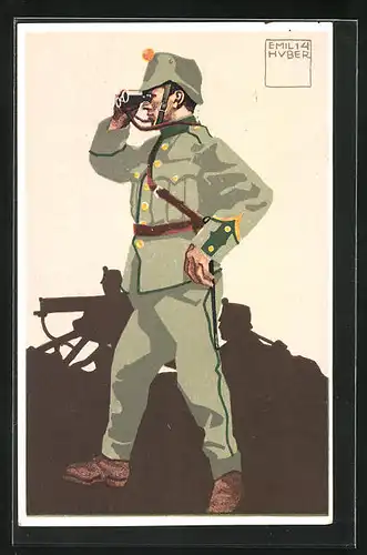 Künstler-AK sign. Emil Huber: Schweizer Felduniform, 11. Infanterie-Mitrailleur, Korporal