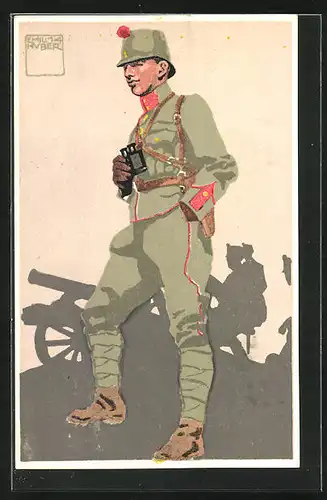 Künstler-AK sign. Emil Huber: Schweizer Felduniform, 1. Gebirgsartillerie, Oberstlieutenant