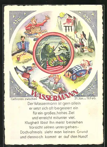 Künstler-AK Sternzeichen Wassermann und seine Eigenschaften