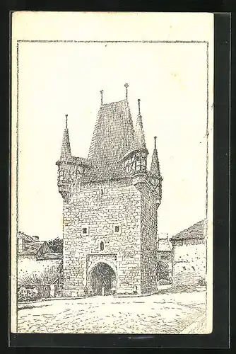 Künstler-AK Rakovnik, Prazská Brána, Stadttor