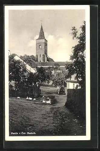 AK Cerne Budy, Strassenpartie mit Blick zur Kirche