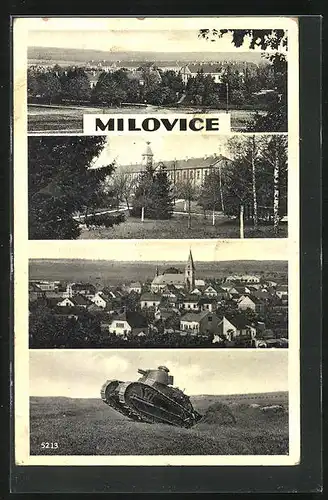 AK Milowitz / Milovice, Teilansicht mit Kirche, Panzer