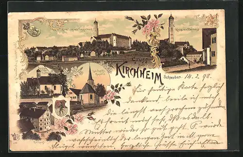 Lithographie Kirchheim / Schwaben, Kirche mit Pfarrhaus, Fuggerburg, K apelle & Rathaus