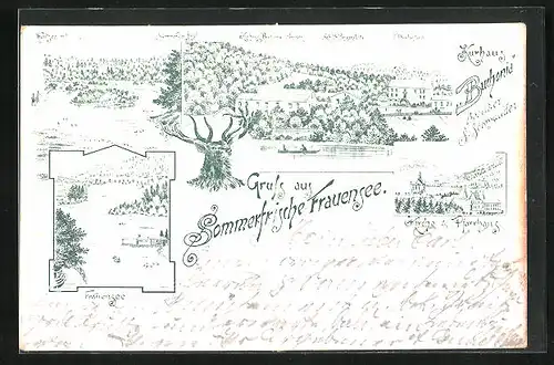 Lithographie Frauensee, Oberförsterei, Kirche, Pfarrhaus, Kurhaus & Frauensee