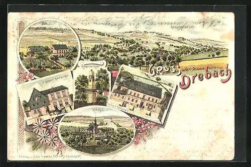 Lithographie Drebach, Böhm's & Dost's Restaurant, Schule, Kriegerdenkmal, Kirche, Panorama