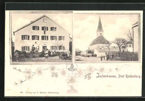 AK Jachenhausen, Gasthaus von Josef Schneider, Strassenansicht mit Kirche