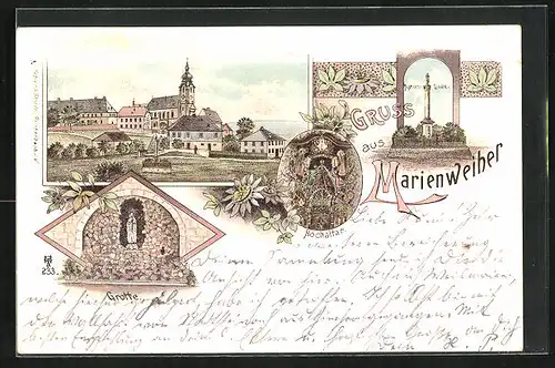 Lithographie Marienweiher, Hochaltar, Grotte, Kirche und umliegende Gebäude