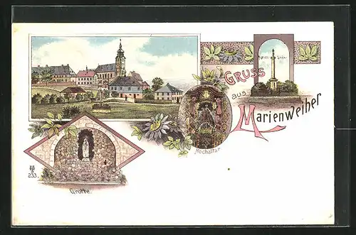 Lithographie Marienweiher, Grotte, Hochaltar, Marien-Säule, Blick zur Kirche