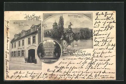 AK Veitshöchheim, Garten-Wirtschaft Würzburger Hof von J. Lutz, Schlossportal, Pegasus-Gruppe im Kgl. Hofgarten