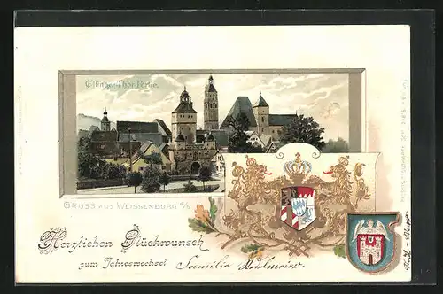 Passepartout-Lithographie Weissenburg a. S., Partie am Ellinger-Tor, Stadtwappen & Kgl. Wappen Bayern