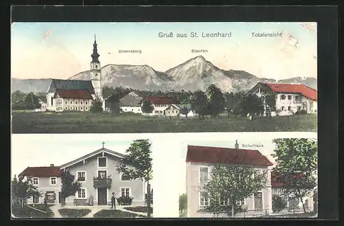 AK St. Leonhard, Geschäftshaus, Schule, Totalansicht mit Kirche