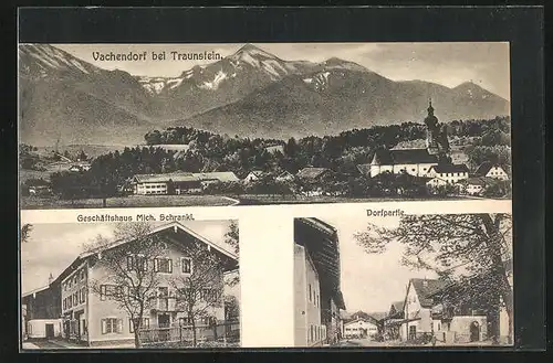 AK Vachendorf bei Traunstein, Geschäftshaus Mich. Schrankl, Dorfpartie & Panorama