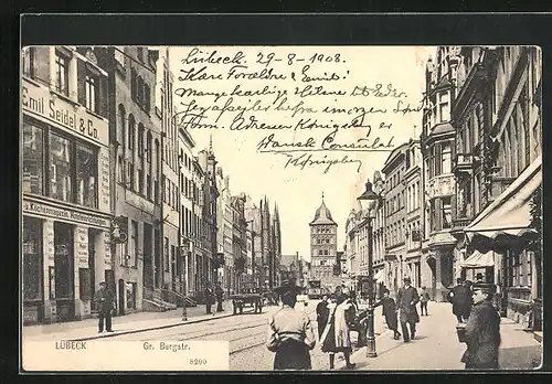 AK Lübeck, Gr. Burgstrasse mit Geschäften