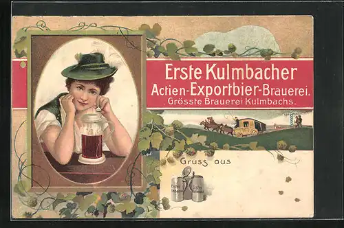 Künstler-AK Kulmbach, 1. Actien-Exportbier-Brauerei, Dame mit Bierkrug