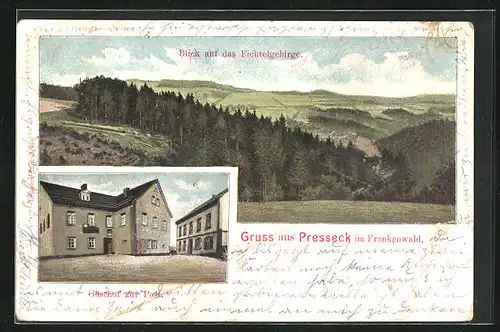 AK Presseck /Frankenwald, Gasthof zur Post, Blick auf Fichtelgebirge