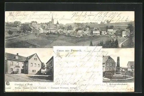 AK Presseck, Gasthof z. Post, Kriegerdenkmal, Panorama