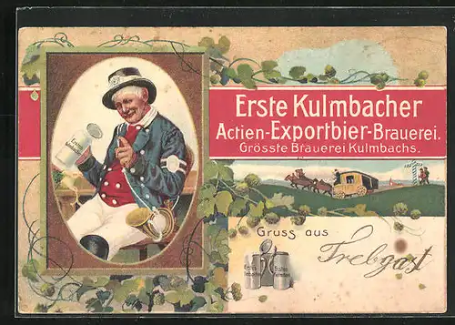 Künstler-AK Kulmbach, 1. Actien-Exportbier-Brauerei, Postbote mit Bierkrug