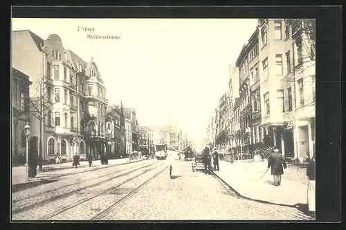 AK Lübeck, Mühlenstrasse mit Strassenbahn