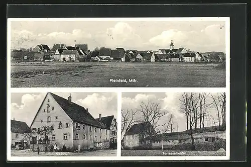 AK Pleinfeld /Mtfr., Gasthof und Metzgerei Hüber, Terrassenkeller, Gesamtansicht