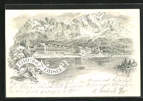 Lithographie Eibsee, Hotel mit Bergpanorama