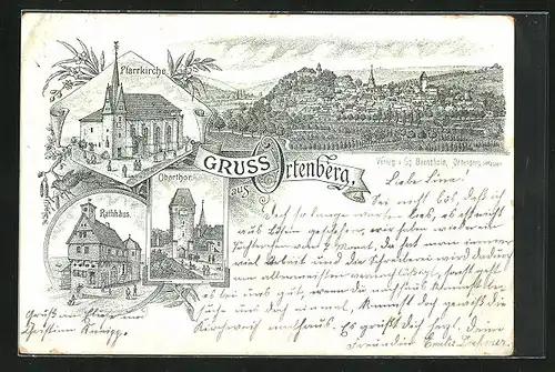 Lithographie Ortenberg, Oberthor, Rathaus, Pfarrkirche