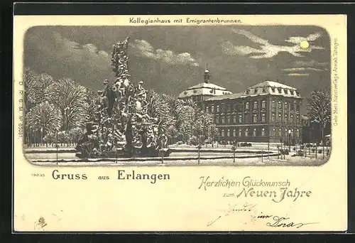 Winter-Lithographie Erlangen, Kollegienhaus mit Emigrantenbrunnen