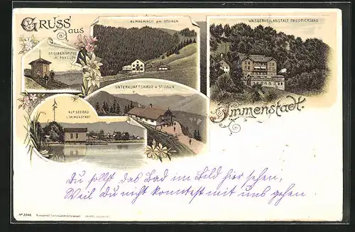 Lithographie Immenstadt, Wasserheilanstalt Friedrichsbad, Alpseebad, Unterkunftshaus a. Stuiben