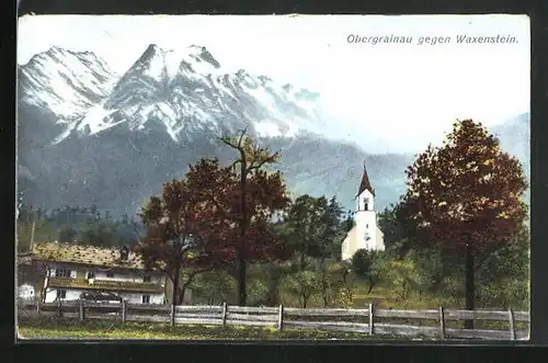 AK Obergrainau, Ortspartie mit Kirche gegen Waxenstein