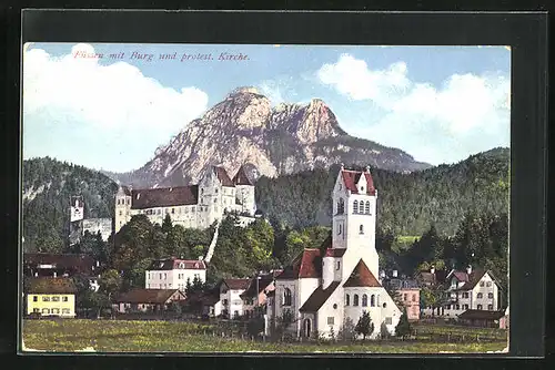AK Füssen, Ortspartie mit Burg und protestantischer Kirche