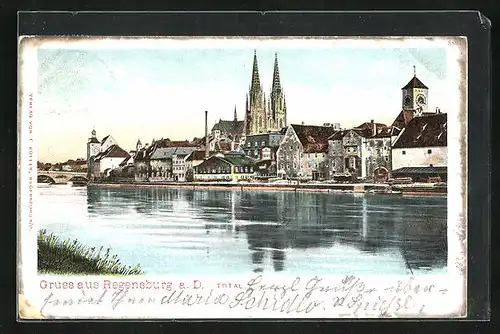 Lithographie Regensburg a. D., Flusspartie mit Kirchtürmen