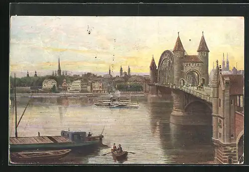 Künstler-AK Bonn, Rheinbrücke in der Dämmerung, Dampfer