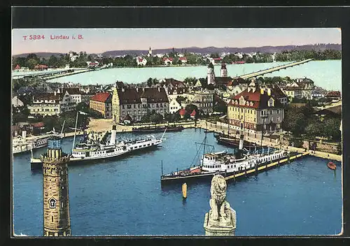 AK Lindau i. B., Hafen mit Löwe und Leuchtturm