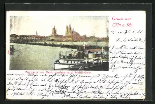 AK Köln, Panorama von Deutz aus mit Schiffbrücke
