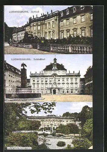 AK Ludwigsburg, Schloss, Schlosshof mit Brunnen, Schlossgarten