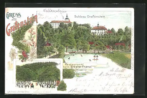 Lithographie Grafenstein, Restaurant beim Steyrer Franzl, Schloss mit Park