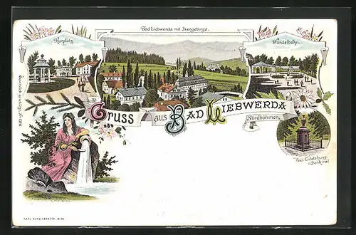 Lithographie Bad Liebwerda / Lazne Libverda, Wandelbahn, Bad-Entstehungs-Denkmal, Kurplatz