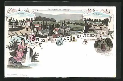 Lithographie Bad Liebwerda / Lazne Libverda, Wandelbahn, Bad-Entstehungs-Denkmal, Kurplatz