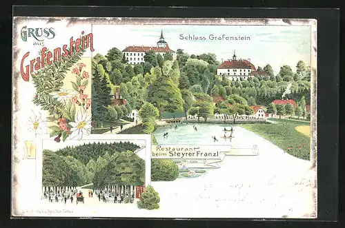 Lithographie Grafenstein, Restaurant beim Steyrer Franzl, Schloss mit See