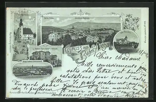 Mondschein-Lithographie Böhmisch Aicha, Villa Blaschka, Firma F. Schmitts Etablissement, Rathaus
